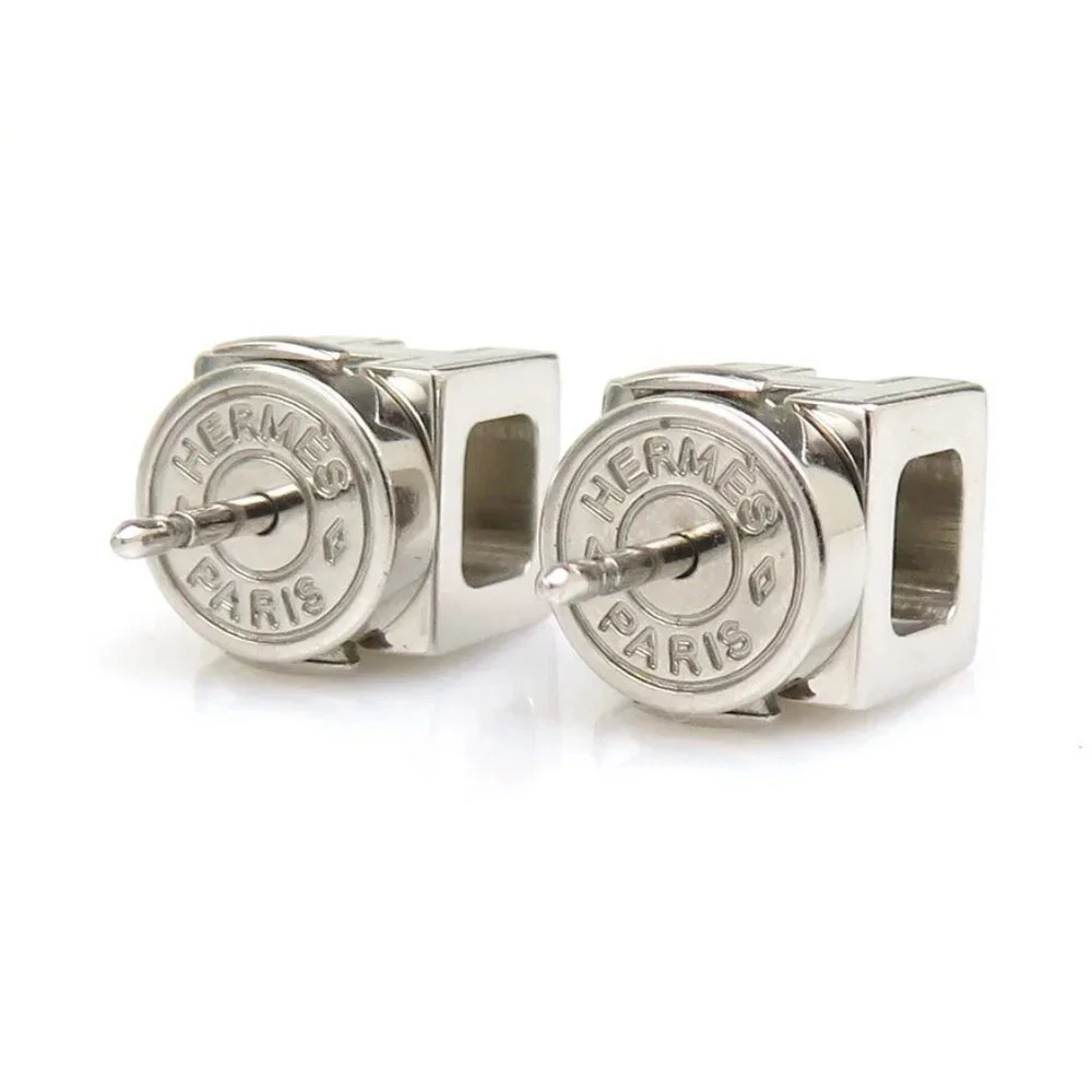 HERMES H Cube Pierce Earrings Silver/Magenta Metal/Enamel - Picture 3 of 10